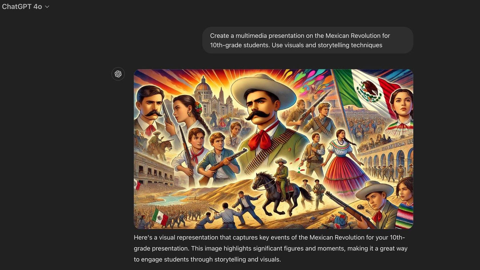 A screen shot of OpenAI's ChatGPT presenting a cartoon image of the Mexican Revolution as described in the text above.