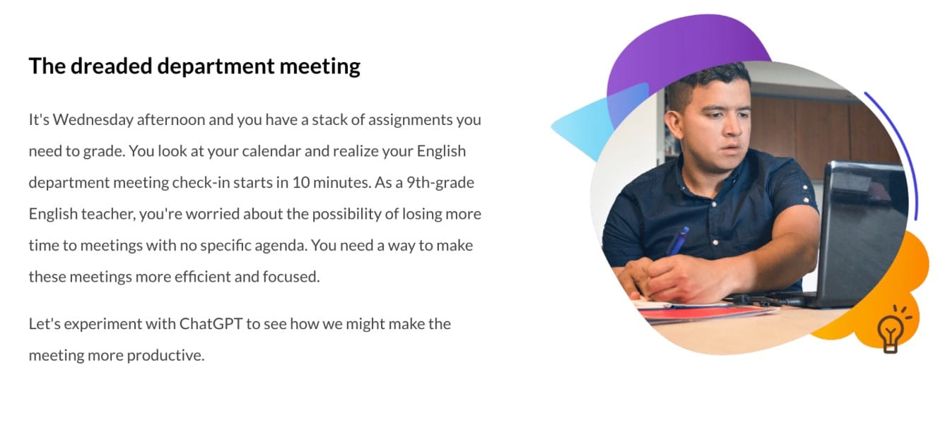 A slide with the image of a busy looking man is paired with a text about making meetings more effective with ChatGPT.