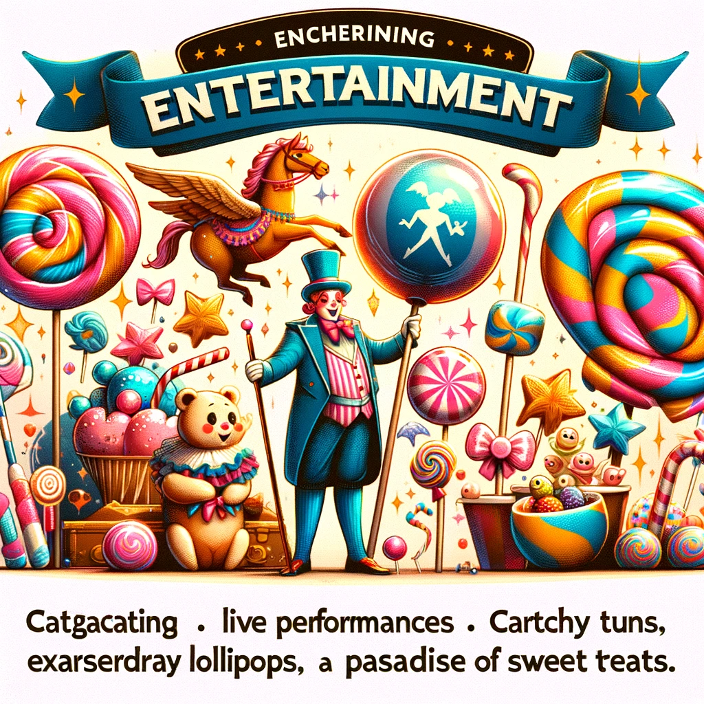 A clown stands in the center of a collage of candy, holding a giant lollipop surrounded by sweets. A banner promises "Encherining Entertainment" (misspelled) and there is a list offering nonsense words.