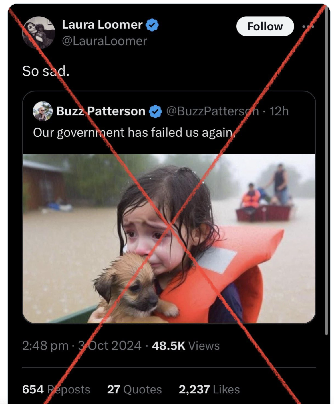 The child's expression is contorted sadness as she holds a puppy while wearing a life preserver in a boat in muddy water. It was viewed 48,500 times on Twitter.