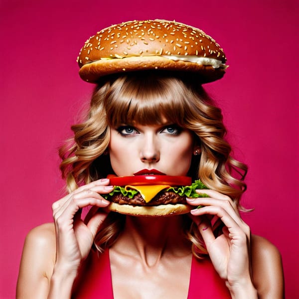 AI generated image of Taylor Swift holding a hamburger to her mouth, but the top bun is on top of her head.